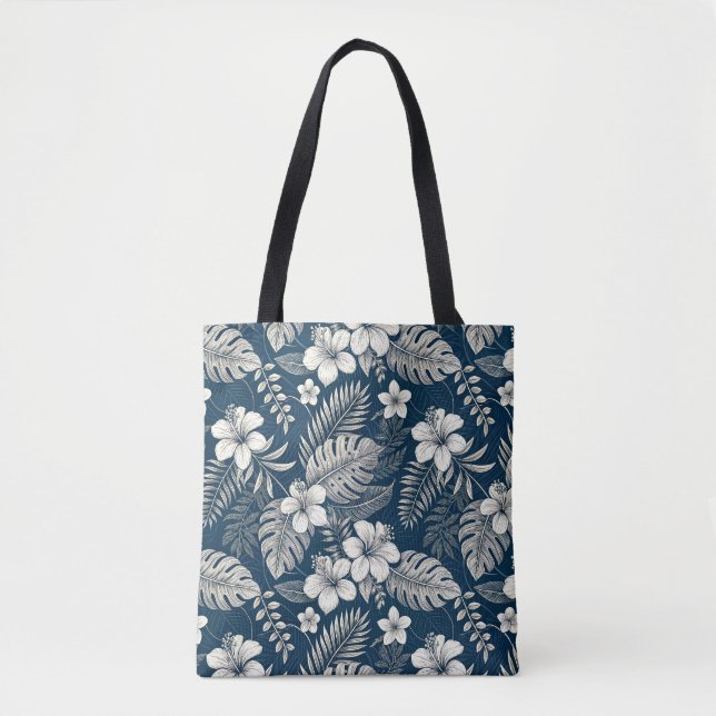 Bolsa Tote Navy Blue Hibiscus Monstera Tropical Botanical (Frente)