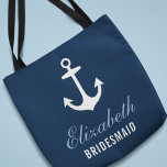 Bolsa Tote Navy Nautical Anchor Custom Wedding Bridesmaid<br><div class="desc">Custom wedding tote bag features a boat anchor with custom text that can be personalized with the name and role of the person in your bridal party. A pattern of red,  cloud blue,  gray,  and white anchors appears on the back side. The navy blue background color can be customized.</div>