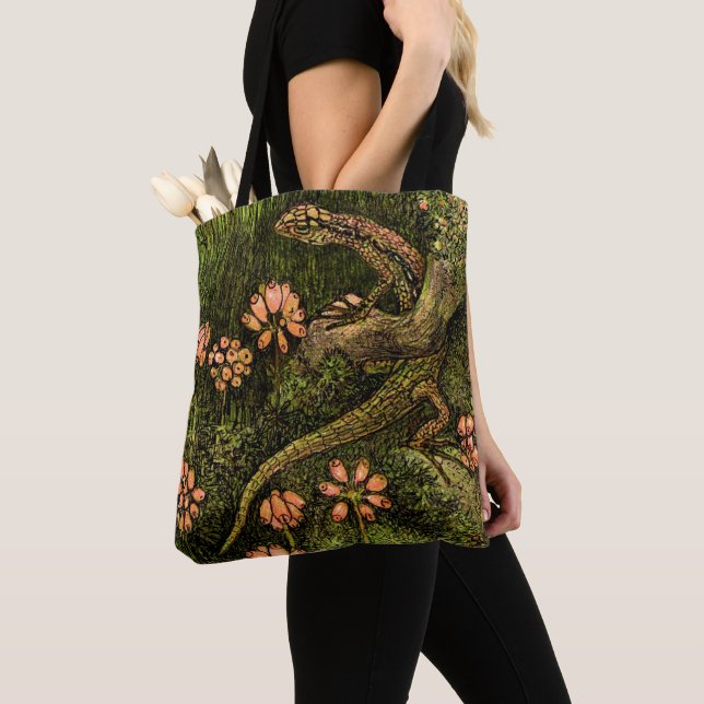 Bolsa Tote Neerlandês Art Nouveau Lizard e flores selvagens (Close Up)