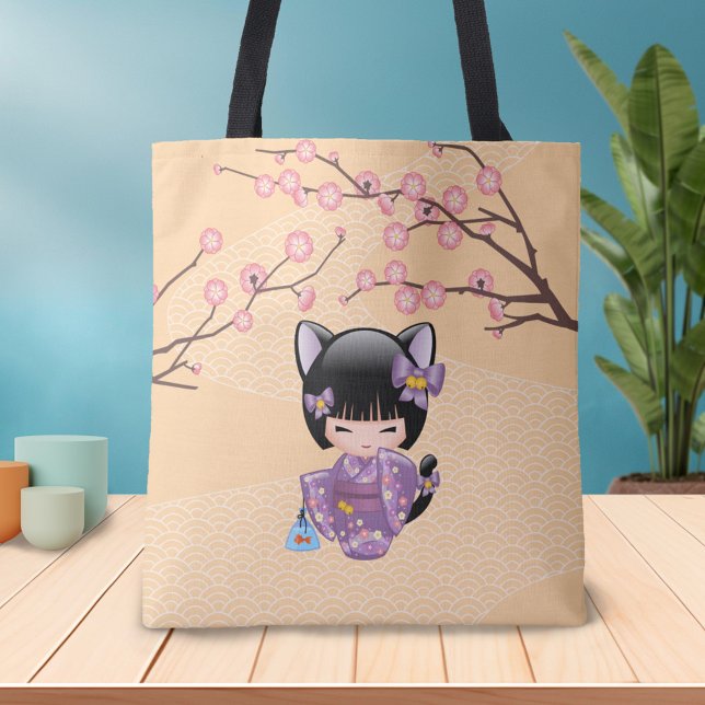 Bolsa Tote Neko Kokeshi Doll - Cat Ears Geisha Girl (Criador carregado)