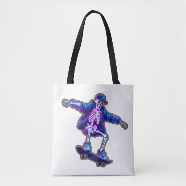 Bolsa Tote Neon 3D Skeleton Skateboarding – Funny Streetwear  (Frente)