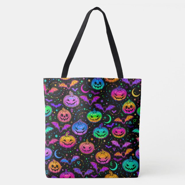 Bolsa Tote Neon Bats Pumpkins e Jack-o-Lanterns (Frente)