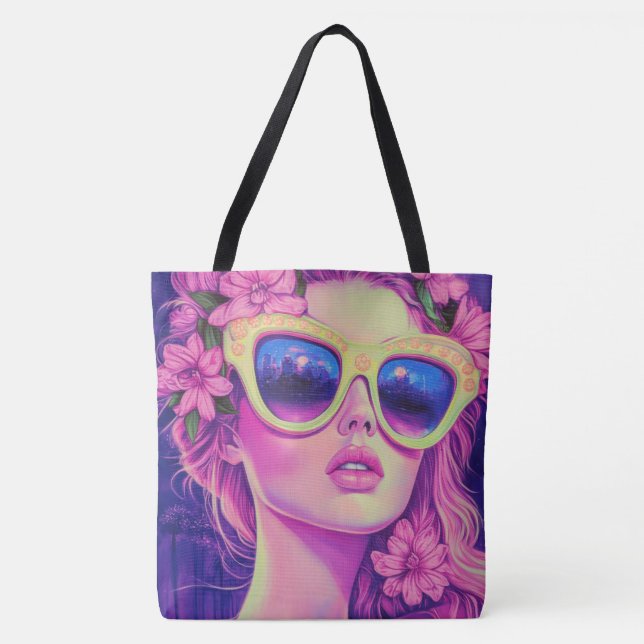 Bolsa Tote Neon Dream Girl com óculos de sol florais (Frente)