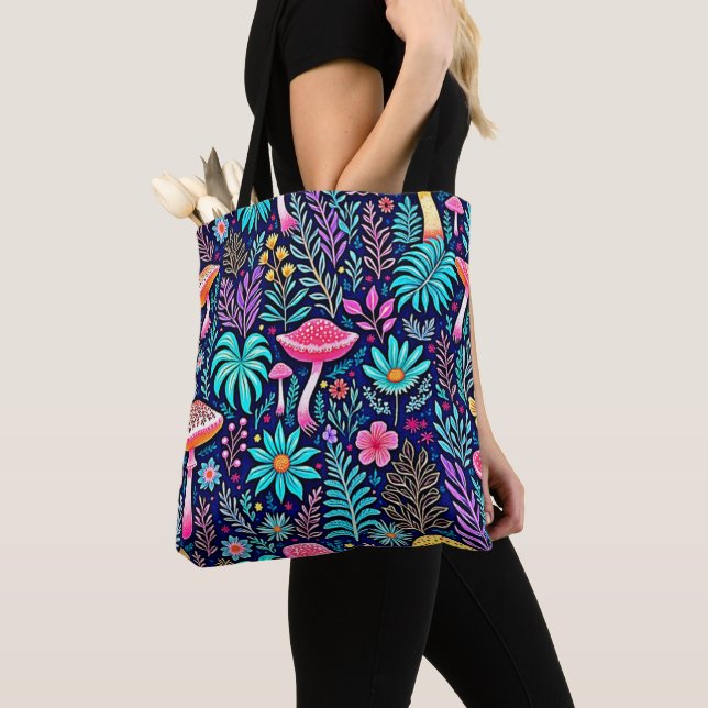 Bolsa Tote Neon Psychedelic Mushroom Forest Dream (Close Up)