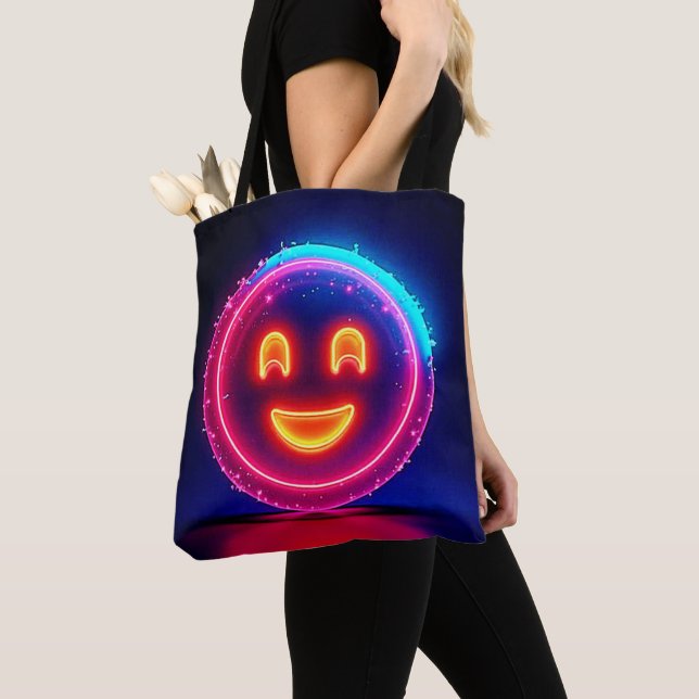 Bolsa Tote Neon Smile: Bright Happy Glow Design (Close Up)