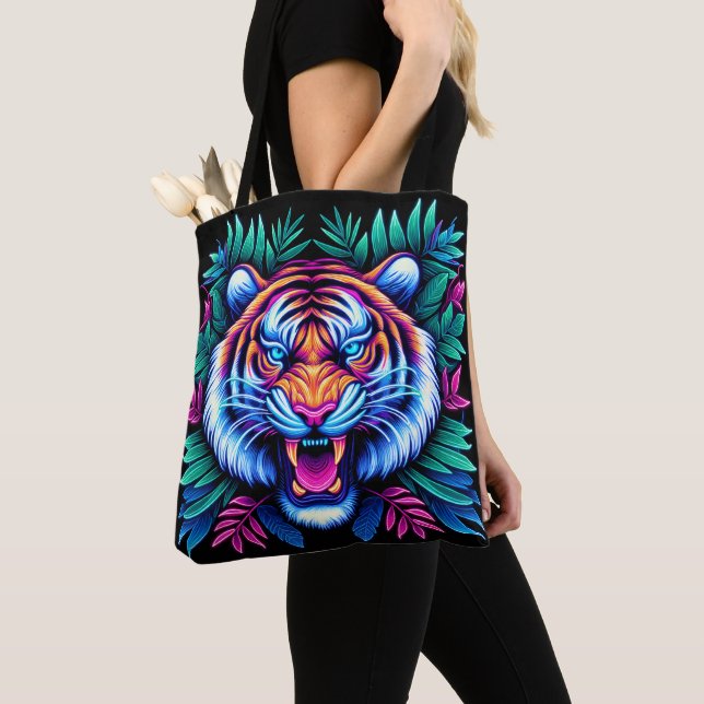 Bolsa Tote Neon Tiger e folhas da selva (Close Up)