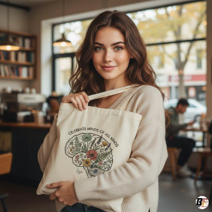 Bolsa Tote Neurodiversidade Floral Cérebro Saúde Mental Pesso