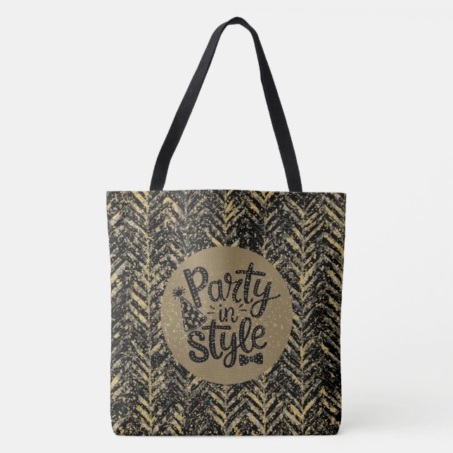 Bolsa Tote New Year Celebrate,Party in Style,Black Gold  Art (Frente)