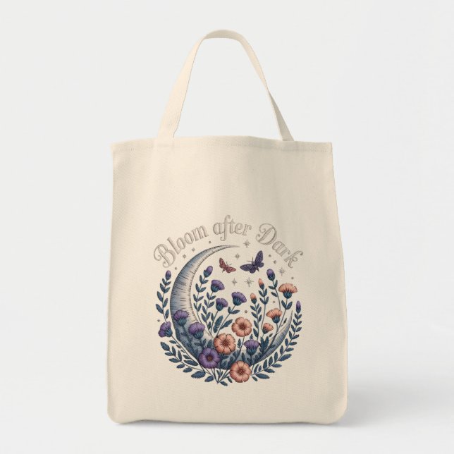 Bolsa Tote Night Garden Faux Embroidered Moon with Moths (Frente)