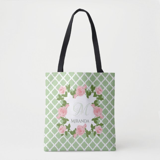 Bolsa Tote Nilo Verde Quatrefoil Rosa Monograma Rosa Rosa Com (Frente)