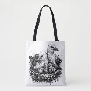 Bolsa Tote Ninho da Família de Pássaros – Ilustração de Tinta