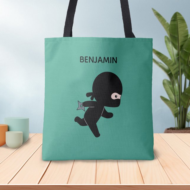 Bolsa Tote Ninja Pequeno com Nome Personalizado em Verde Escu (Criador carregado)