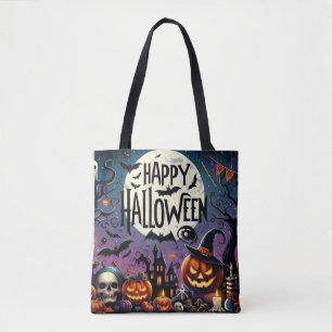 Bolsa Tote Noite de Halloween Pumpkins, Skulls & Hauned House