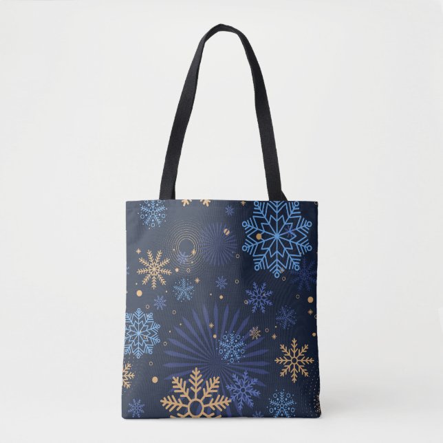 Bolsa Tote Noite de inverno: Padrão Azul Floco de Neve. (Frente)