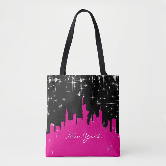 Bolsa Tote Noite Estelar Rosa e Preta - Skyline de Nova York (Frente)
