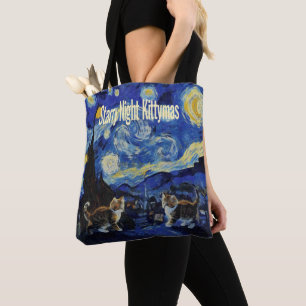 Bolsa Tote Noite Estrelada Amantes de Gatos Festa de Natal