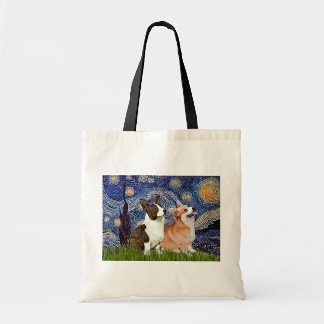 Bolsa Tote Noite Estrelada - Dois Corgis Welsh (C + P) (Frente)