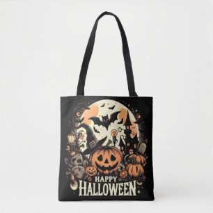 Bolsa Tote Noite Feliz de Halloween com Abóbora & Casa Assomb