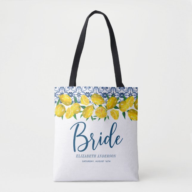 Bolsa Tote Noiva Azulejo azul italiano Lemon Boho Wedding (Frente)