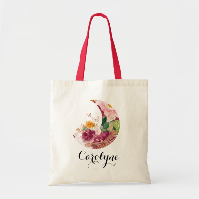 Bolsa Tote Noiva Boho Outono Aquarela Lua e Flores (Frente)