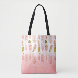 Bolsa Tote Noiva Boho Rosa e Penas Douradas Sacola de Ombre