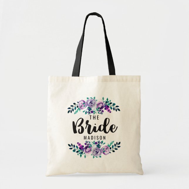 Bolsa Tote Noiva de Casamento de Wreath Floral Mint & Purple (Frente)