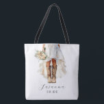 Bolsa Tote Noiva de vovó personalizada<br><div class="desc">Diga "eu faço" no estilo ocidental verdadeiro com esta design personalizada de noiva de vaqueira! Apresentando um vestido de noiva emparelhado com botas rústicas de cowgirl, este olhar é perfeito para a noiva que trata de misturar glama com charme country. Adicione o nome da noiva a uma bela fonte de...</div>