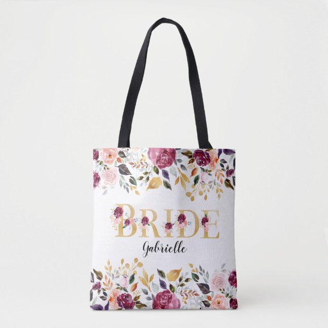 Bolsa Tote Noiva Dourada Burgundy Blush Casamento Floral (Frente)