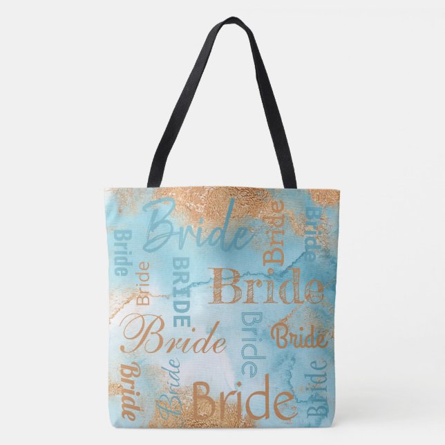 Bolsa Tote Noiva Dourada Turquoise Script Moderno Casamento (Frente)