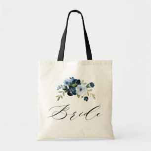Bolsa Tote noiva floral azul simples marinho de script