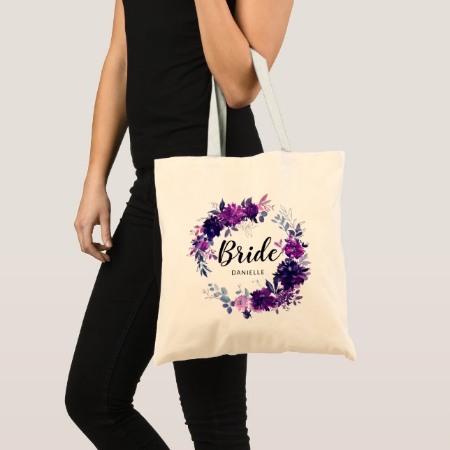 Bolsa Tote Noiva Floral Púrpura Inchada Monograma (Frente (produto))