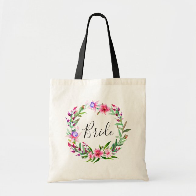 Bolsa Tote Noiva. Flores rosa tropical. Casamento no destino (Frente)