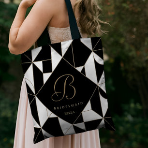 Bolsa Tote Noiva Monograma Preto, Branco e Dourado Geométrico
