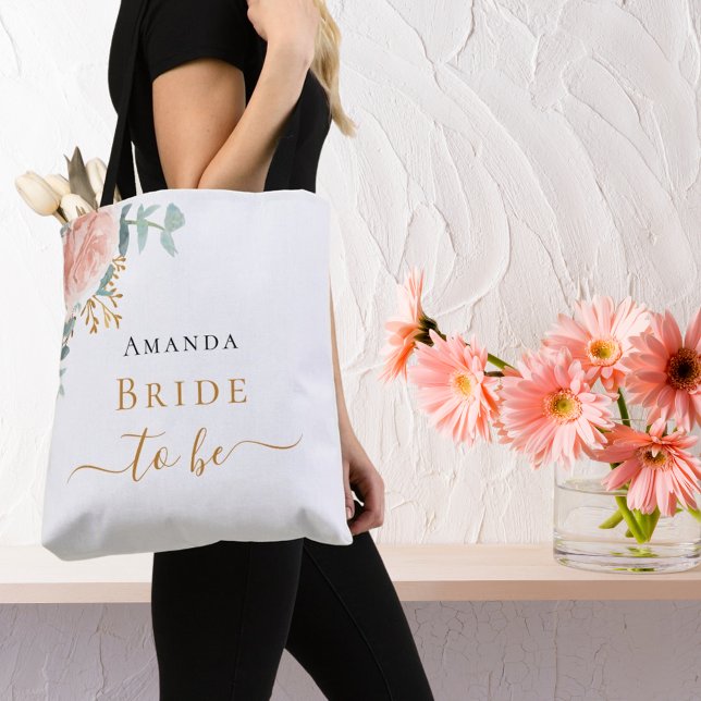 Bolsa Tote Noiva para ser rosa dourado floral elegante script (Criador carregado)