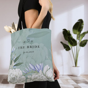 Bolsa Tote Noiva Peônia Casamento Botânico em Verde Sage e