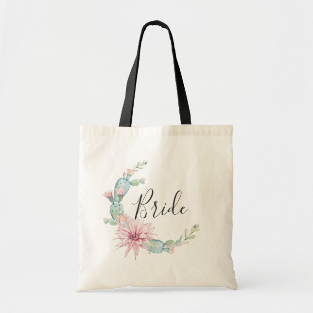 Bolsa Tote Noiva. Suculentas em aquarela. Cacto de casamento (Frente)