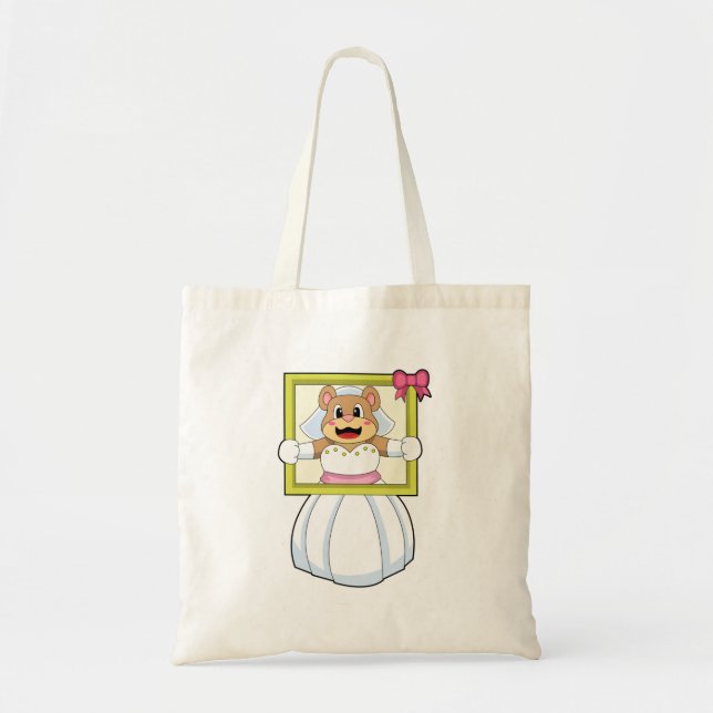 Bolsa Tote Noiva Urso com vestido de noiva e moldura de foto. (Frente)