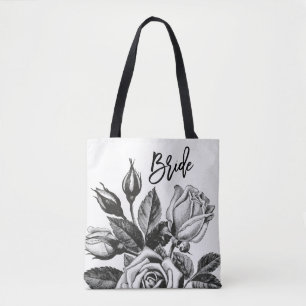 Bolsa Tote Noiva   Vintage Tea Rosas em preto-e-branco