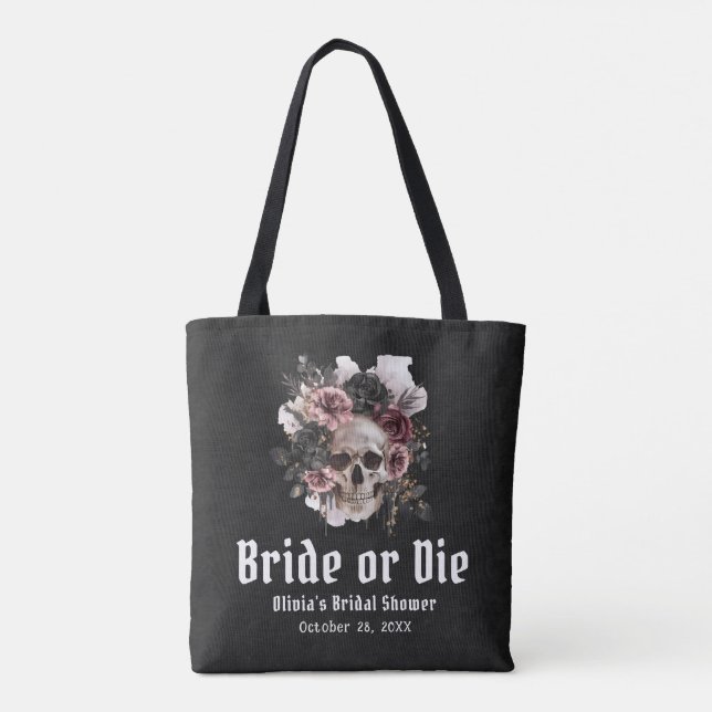 Bolsa Tote Noivado Floral de Halloween Caveira ou Morra Chá d (Verso)