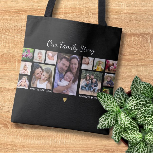 Bolsa Tote Nome 13 Colagem de Fotos Preto da Nossa Família (Criador carregado)