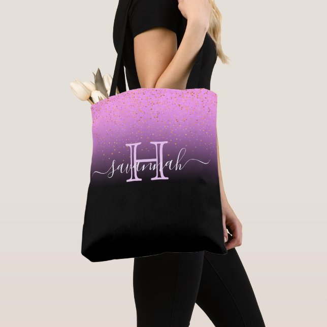 Bolsa Tote Nome chic do monograma preto roxo (Close Up)