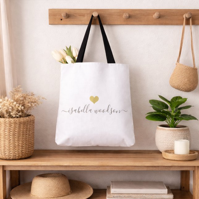 Bolsa Tote Nome com Coração Dourado Moderno Script (Criador carregado)