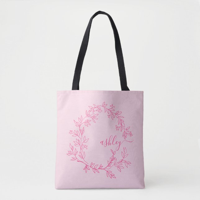 Bolsa Tote Nome com Monograma de Letra Redonda Rosa Moderno F (Frente)