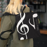 Bolsa Tote Nome com notas musicais em branco.<br><div class="desc">Crie um design de música preto e branco com nome...  para músicos_amantes e músicos</div>