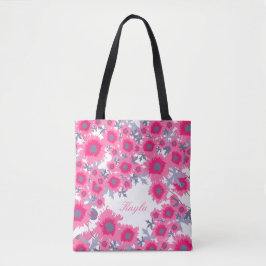 Bolsa Tote Nome cor-de-rosa e papoilas brancas flores florais