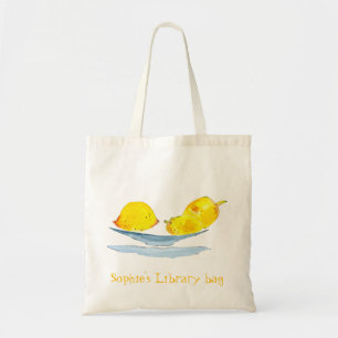Bolsa Tote Nome da biblioteca de limões vibrantes com aquarel