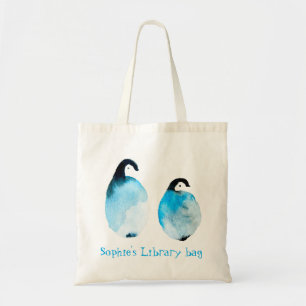 Bolsa Tote Nome da biblioteca de pinguins fofos em aquarela