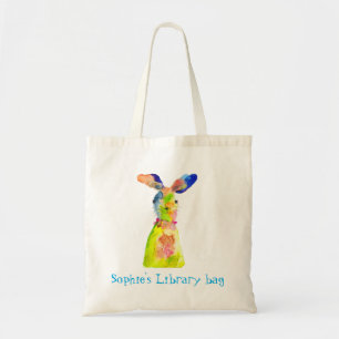 Bolsa Tote Nome da biblioteca do coelho fofo aquarela