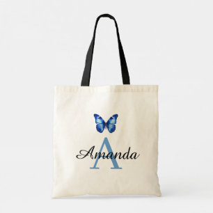 Bolsa Tote Nome da Borboleta Azul Elegante Monograma