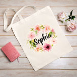 Bolsa Tote Nome da Bridesmaid das Flores de Água Rosa<br><div class="desc">O design de saco de tota personalizado apresenta um monograma de um nome em um roteiro preto moderno, escrevendo por um lindo design floral pintado com cor d'água, cor-de-rosa pastel, pincel, primavera de pêssego, dahlia e flores de rosa emparelhadas com uma folhagem verde vibrante. Faz um presente de excelente para...</div>